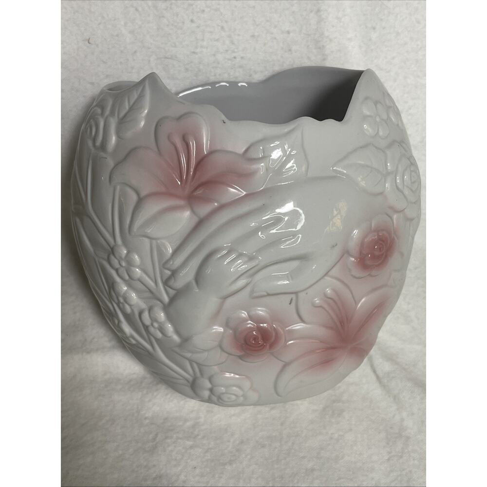 Vintage FTD Mother & Child Hands White and Pink Ceramic Planter Vase 1993~ 5.25"